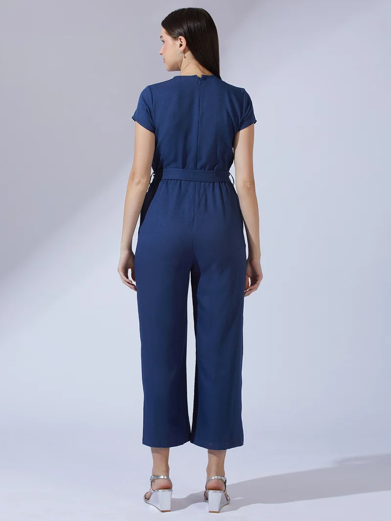 globus Navy Blue Globus Women Navy Blue Wrap V-Neck Short Sleeves Belted Long Jumpsuit for Women | Best Price UAE